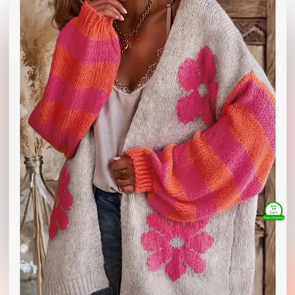 Floral Knit Cardigan Sweater - Pink and Orange